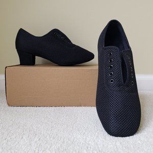 Women Latin Ballroom Practice Dance Shoes BlackMesh Suede FullSole 3cm/1.2" US 9